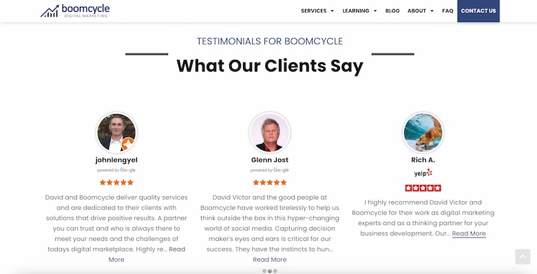 Boomcycle client testimonials showing five-star reviews from johnlengyel, Glenn Jost, and Rich A.