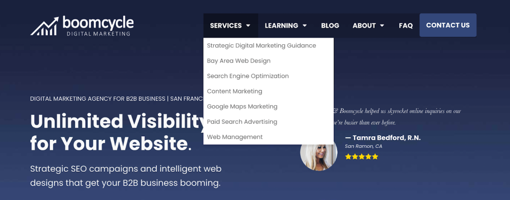 Boomcycle Digital Marketing homepage with Services dropdown menu showing web design, SEO, content marketing, Google Maps