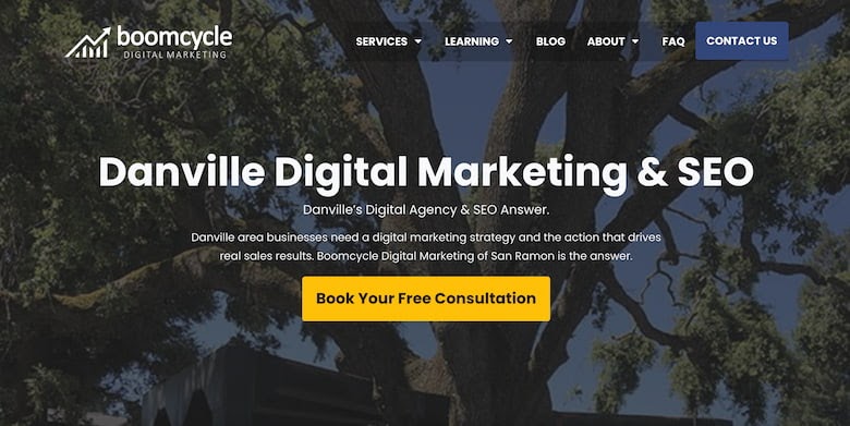 Boomcycle Digital Marketing website header with Danville Digital Marketing & SEO service offering
