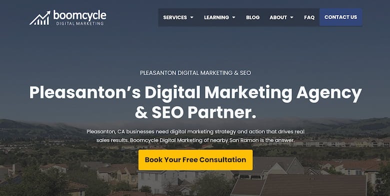 Pleasanton skyline with residential neighborhoods, Boomcycle Digital Marketing header and SEO service messaging