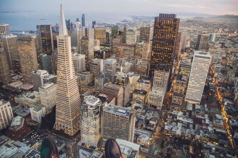 San Francisco skyline cityscape with downtown buildings and bay