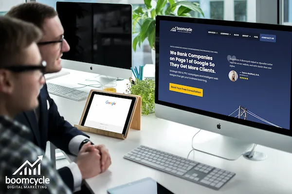Boomcycle Digital Marketing consultant reviewing website on desktop computer