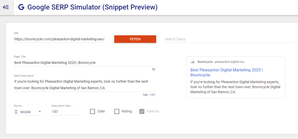Google SERP preview for Boomcycle Pleasanton digital marketing service page