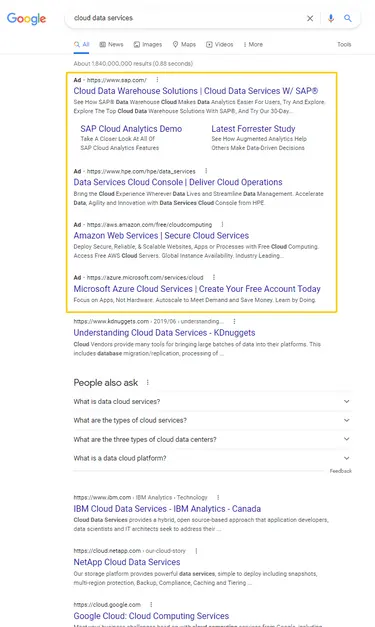 Google search results page for "cloud data services" showing PPC ads and organic listings