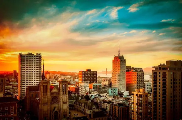 San Francisco cityscape at sunset with downtown skyline