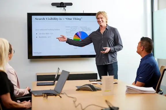 Digital marketing consultant presenting search visibility strategy with pie chart to team members in conference room