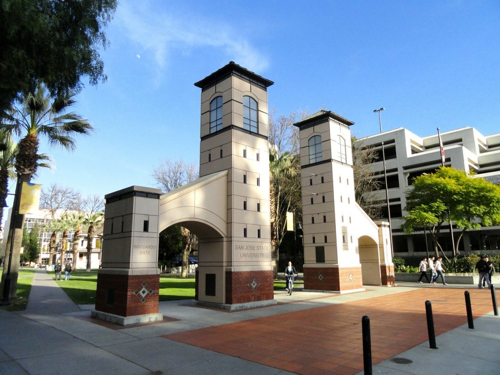 Boccardo Gate at San Jose State University campus entrance with twin towers