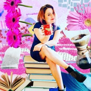 Woman sitting on stack of books surrounded by pink flowers, coffee cup, and open books