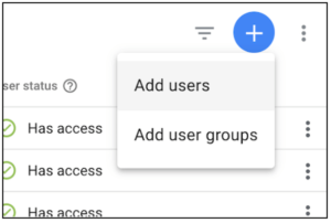 Google Tag Manager interface showing "Add users" and "Add user groups" menu options