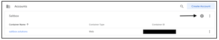 Google Tag Manager Saltbox container settings interface showing account access configuration