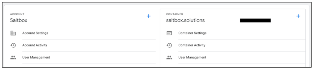 Google Tag Manager account and container settings interface for Saltbox