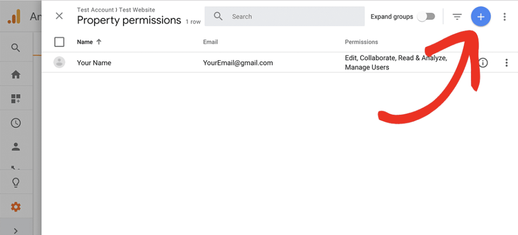Google Analytics property permissions interface with user access control settings