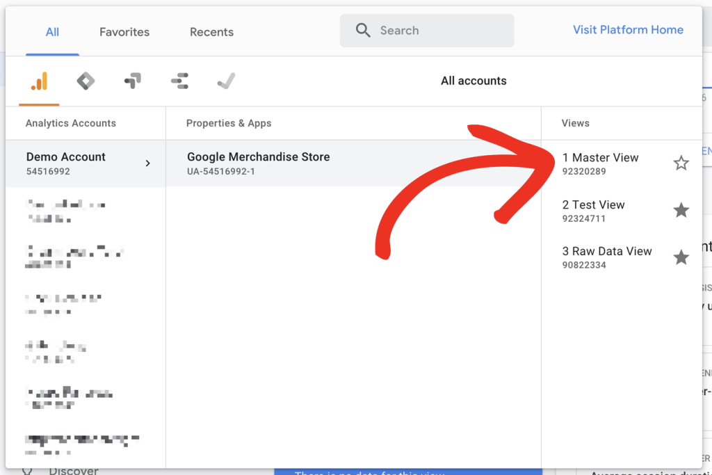 Google Analytics account access interface with red arrow pointing to views section