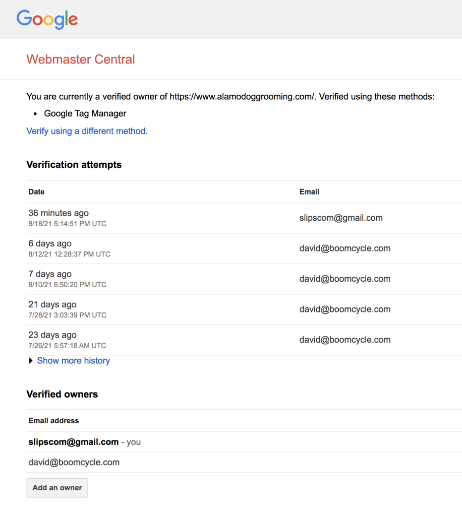 Google Webmaster Central verification page showing verified ownership of alamodoggrooming.com