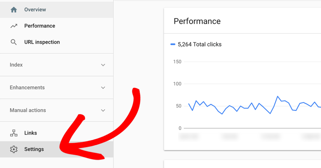 Google Search Console interface with red arrow pointing to Settings option in left menu