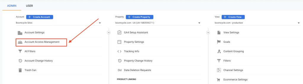 Google Analytics 4 Account Access Management menu highlighted for Boomcycle Sites account setup