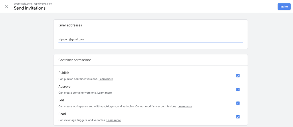 RapidWerks send invitations dialog showing email field and container permissions settings