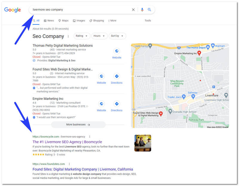 Google search results for Livermore SEO company with Boomcycle ranking featured