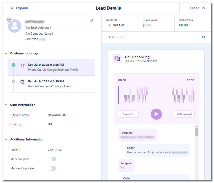 CRM lead details screen showing customer journey, call recording from Google Business Profile with waveform visualization,