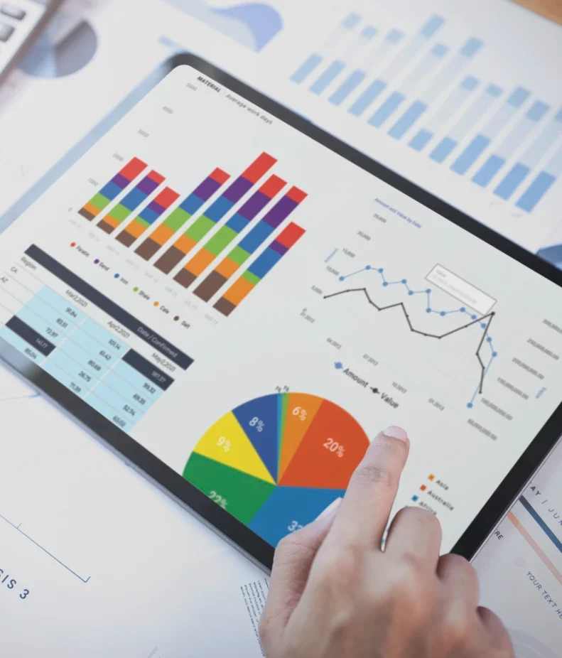 Digital marketing analytics dashboard with colorful charts, graphs, and pie chart displayed on tablet screen