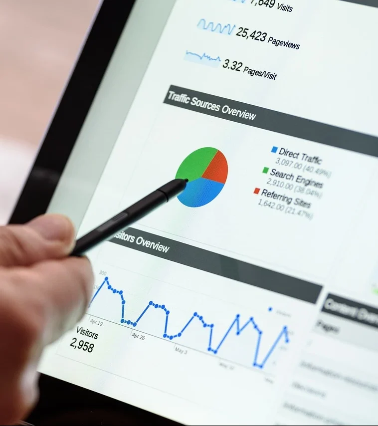 Stylus pointing to pie chart showing website traffic sources including direct traffic, search engines, and referring sites