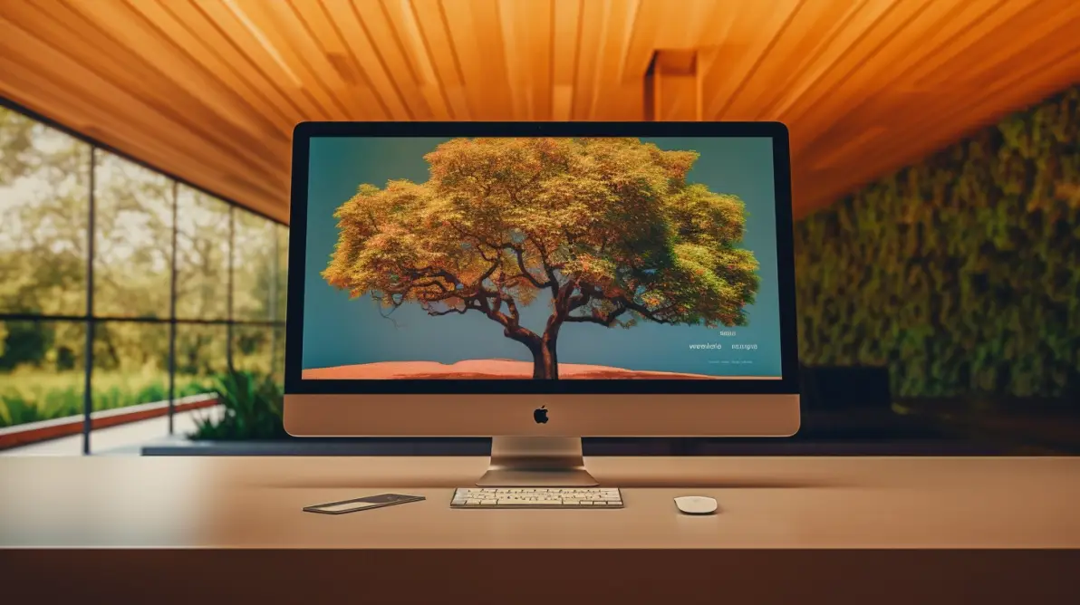 Apple iMac displaying golden tree artwork on desk in modern office with orange ceiling