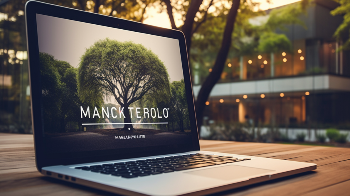 Laptop displaying elegant website with tree-lined pathway and "Manck Terolo" branding in outdoor courtyard setting
