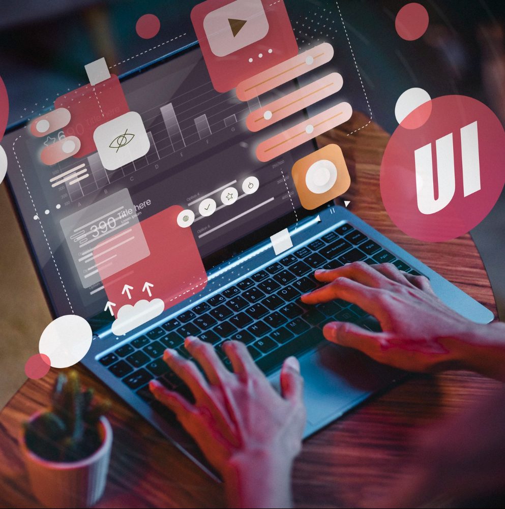 Hands on laptop keyboard with digital UI design elements, video play icon, and analytics charts floating above screen