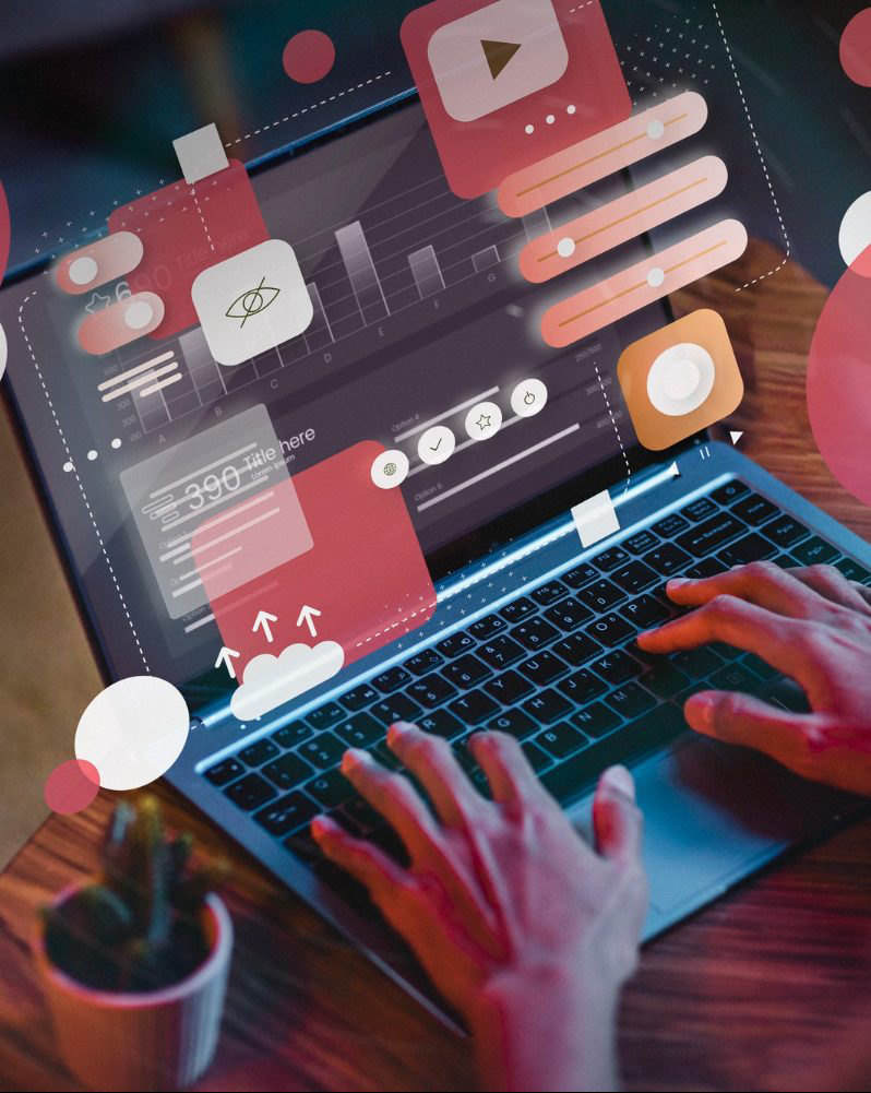 Designer working on digital UI elements and interface controls on laptop screen