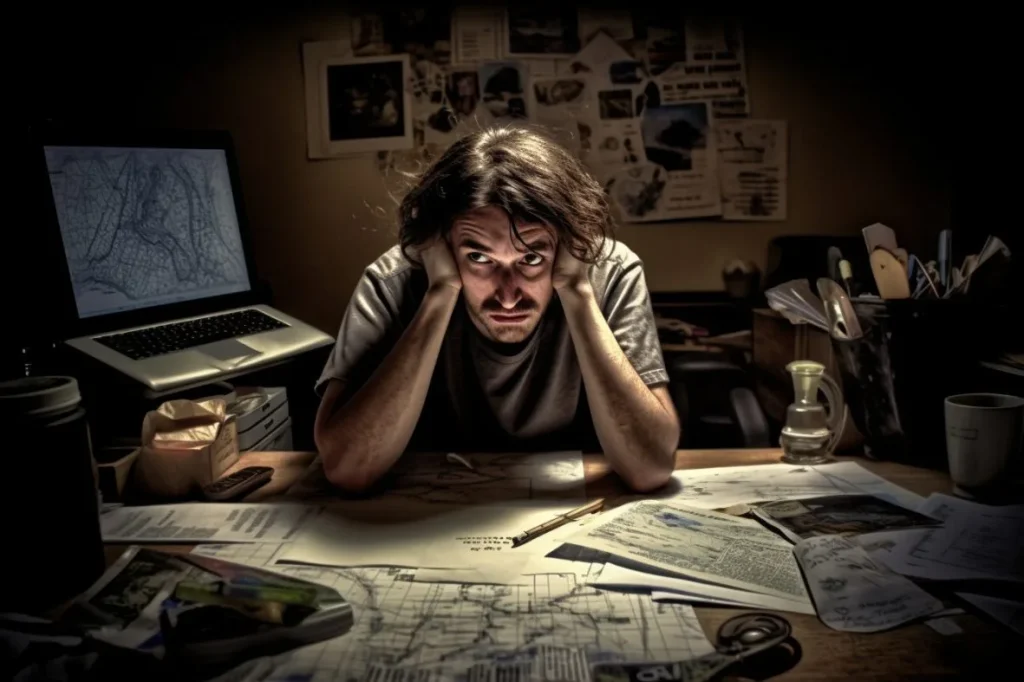 Digital marketer reviewing analytics and maps at desk with laptop and scattered reports