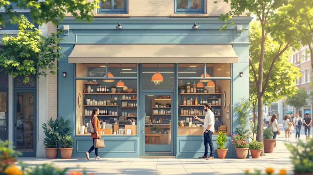 Modern storefront with teal facade, large windows displaying beauty and wellness products, orange pendant lights, potted