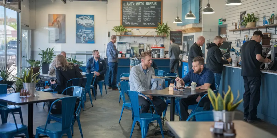 Local business owners networking and collaborating in modern auto repair shop setting