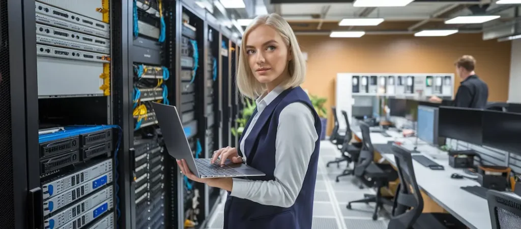 Professional woman with laptop standing in front of server racks in data center