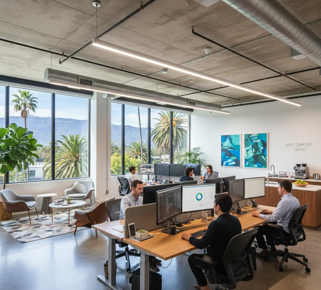 Modern digital marketing agency office in Palo Alto with team members at computers and mountain views