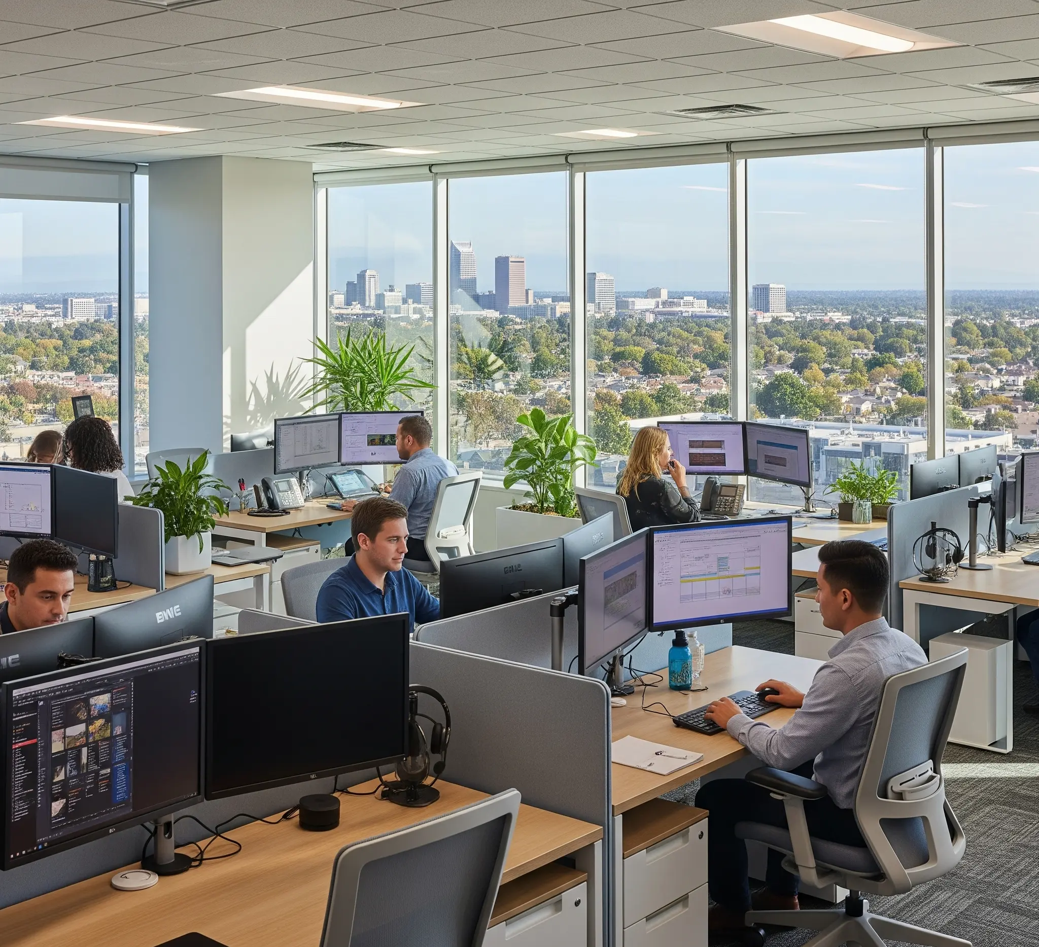 Modern digital marketing office with team working at desks overlooking cityscape and suburban landscape