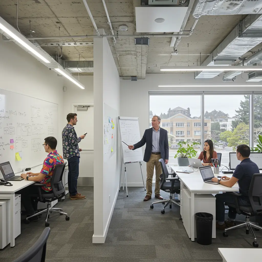 Digital marketing team collaborating in modern office with whiteboards and laptops
