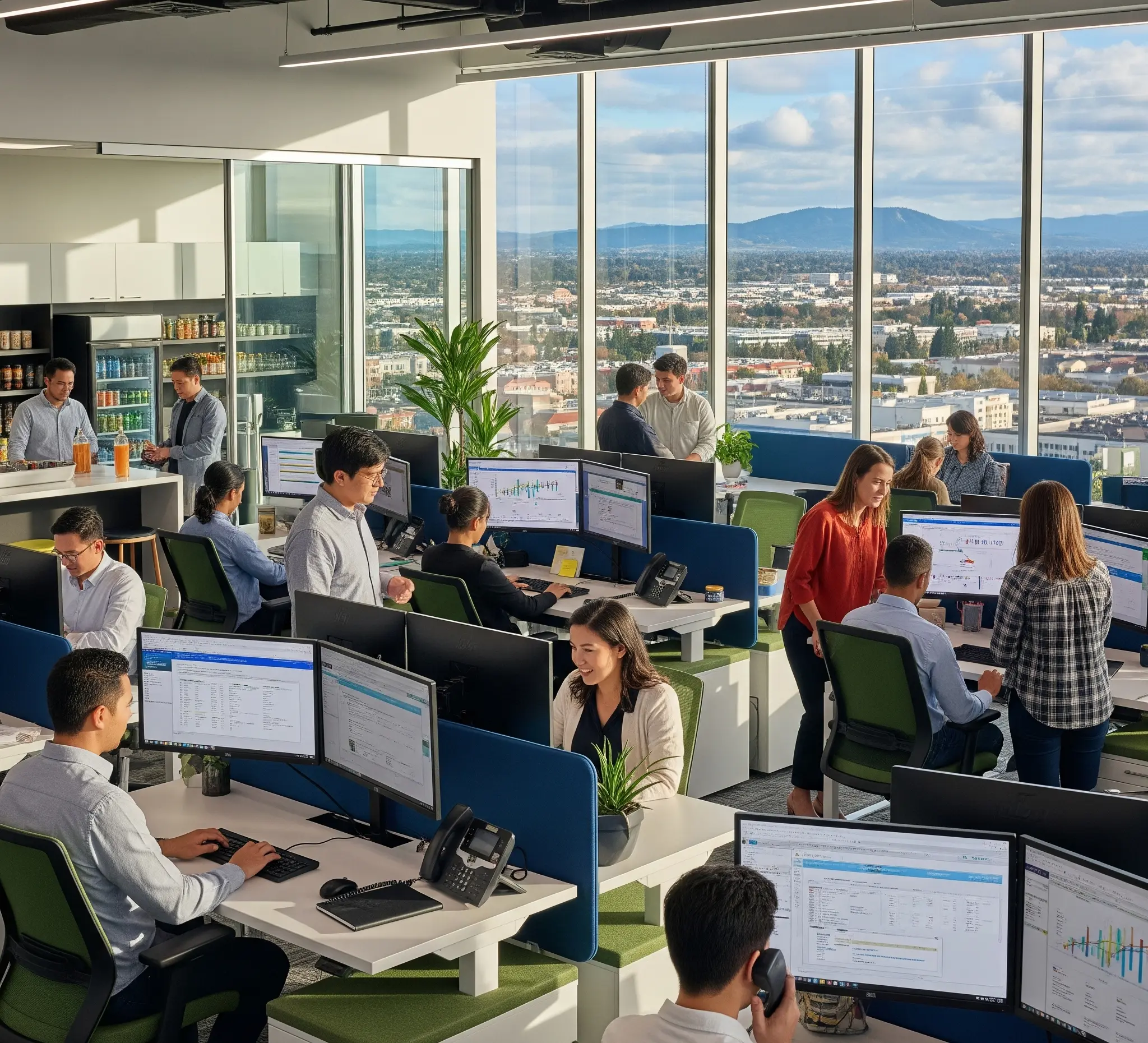 Modern office workspace with team members working at desks with dual monitors overlooking Concord valley cityscape