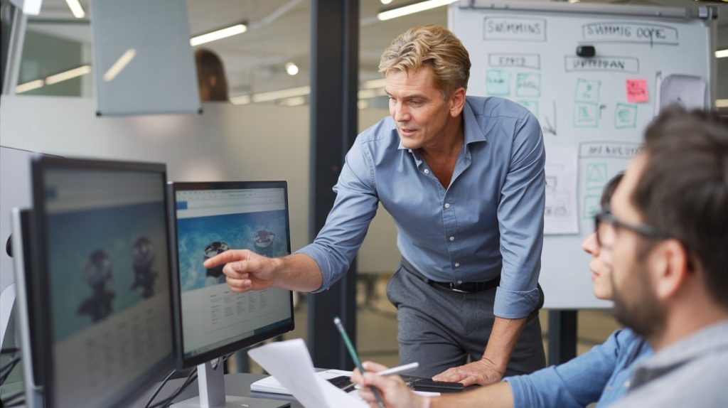 Digital marketing professional presenting campaign strategy to team member at office desk with monitors and whiteboard