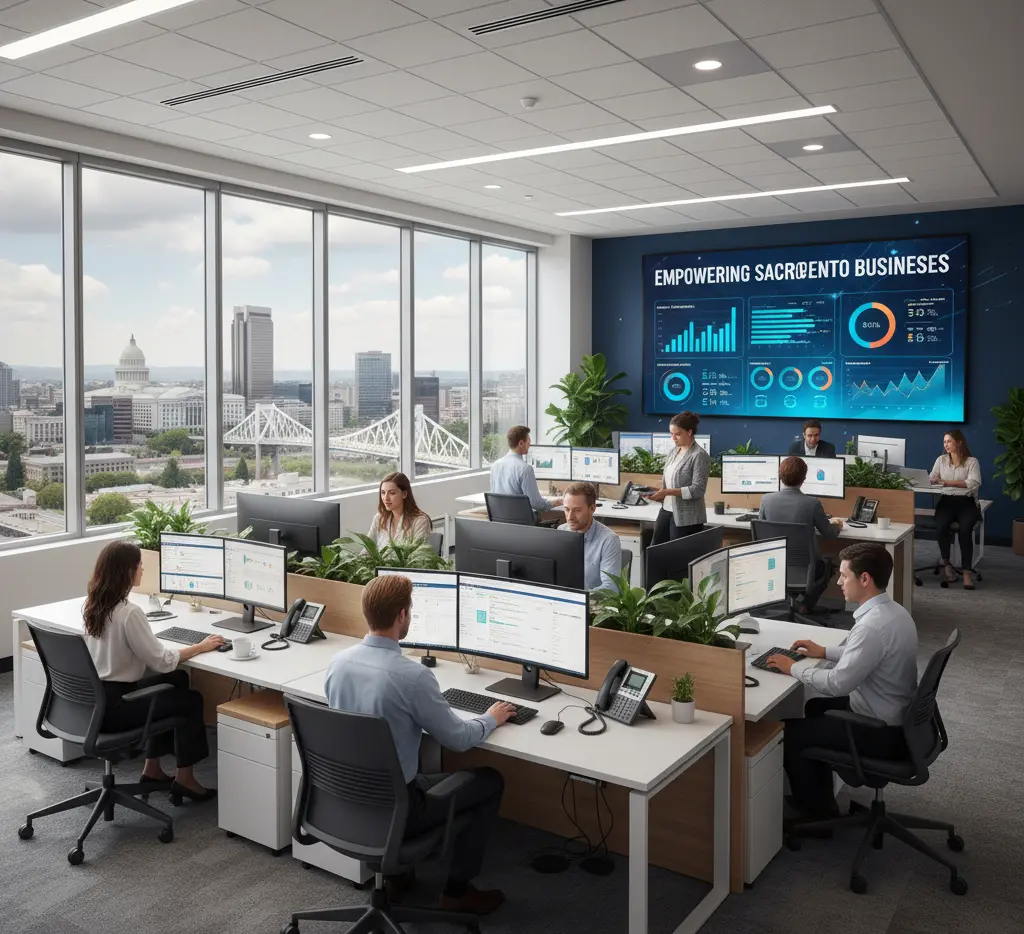 Modern office with team working at desks overlooking Sacramento skyline and Capitol building, digital marketing dashboard