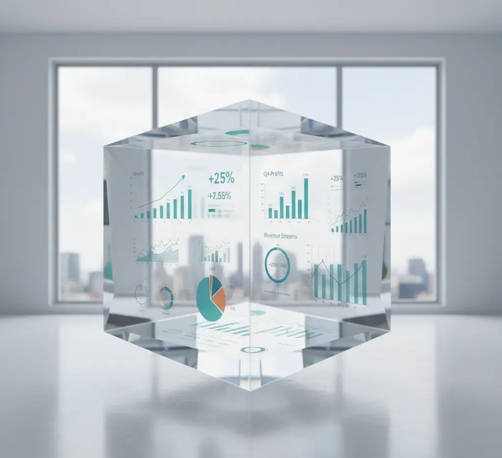 Transparent cube displaying business analytics dashboards with growth charts, profit metrics, and revenue streams in teal