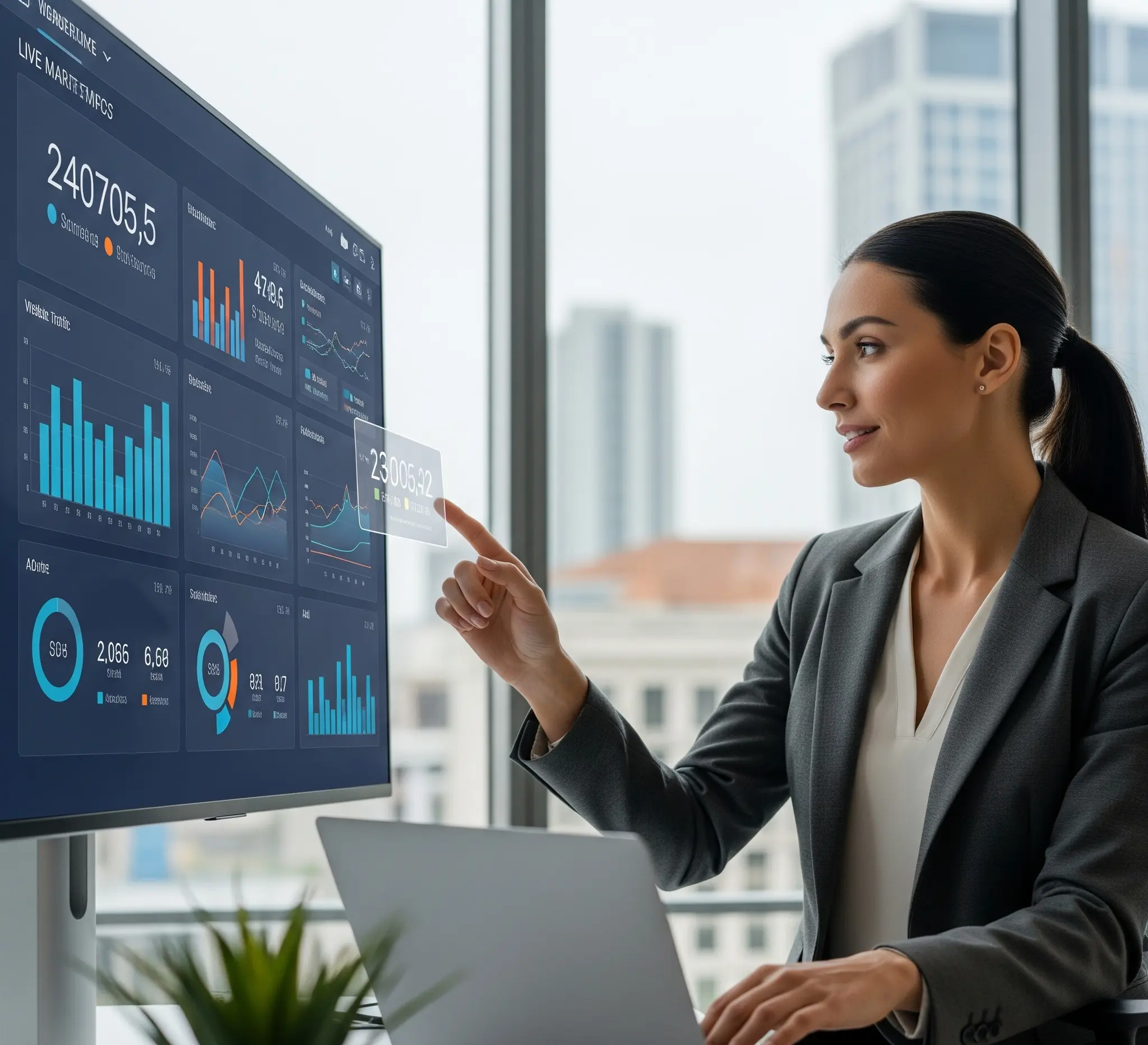 Professional analyzing digital marketing analytics dashboard with live metrics and performance charts