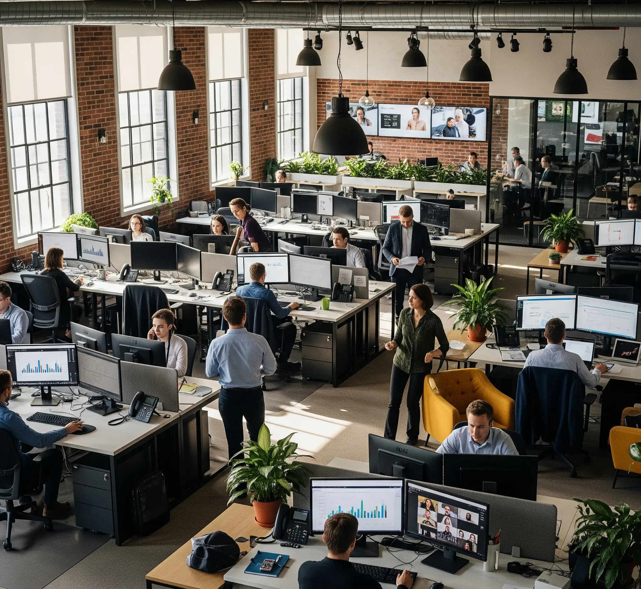 Busy modern office workspace with employees at desks working on digital marketing tasks and video calls