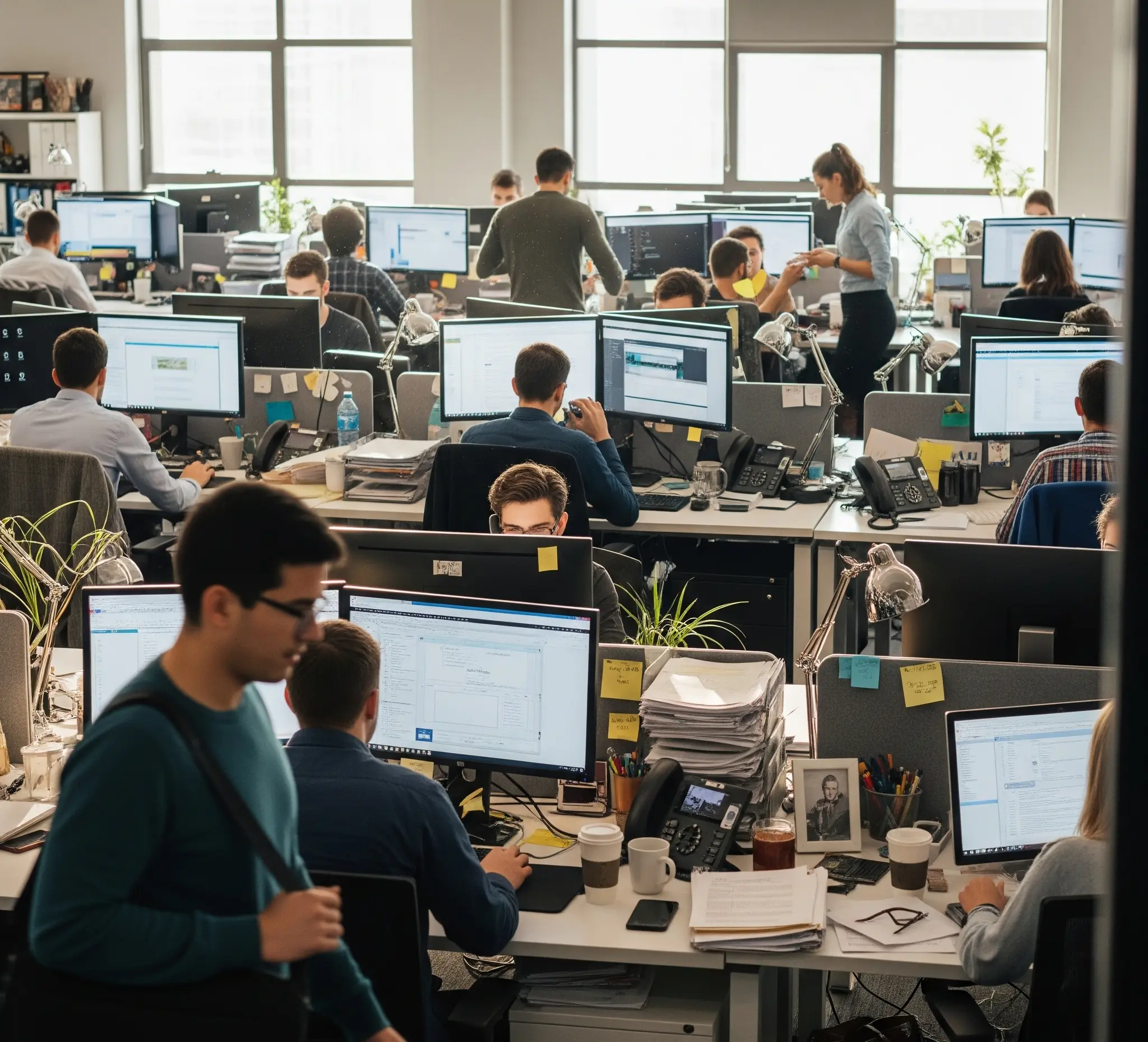 Digital marketing agency team working at desks with computers in a bright office environment