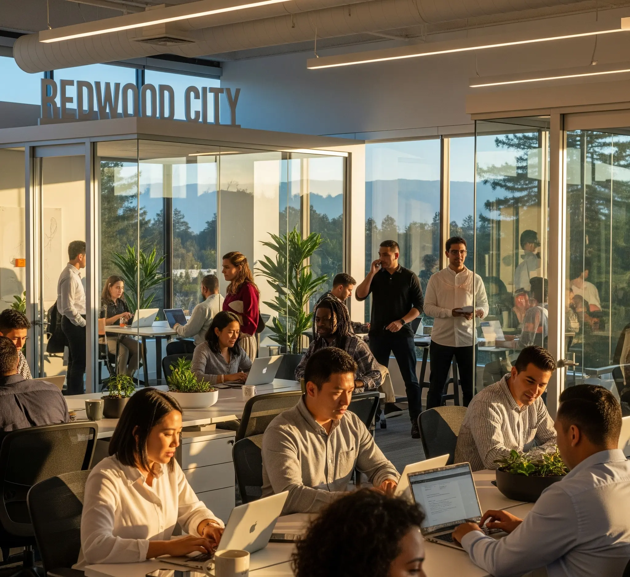 Diverse professionals working at laptops in a modern Redwood City office with mountain views and natural lighting