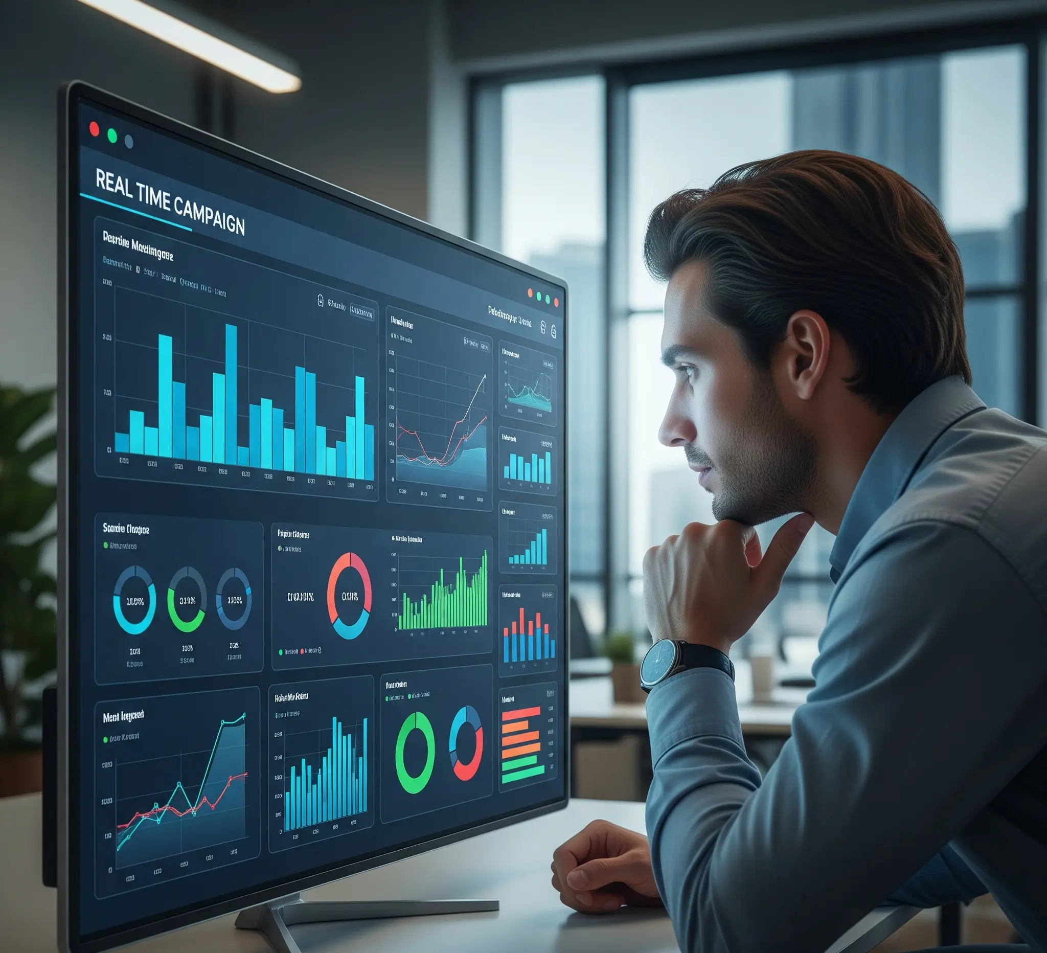 Marketer analyzing real-time campaign analytics dashboard with performance metrics and charts