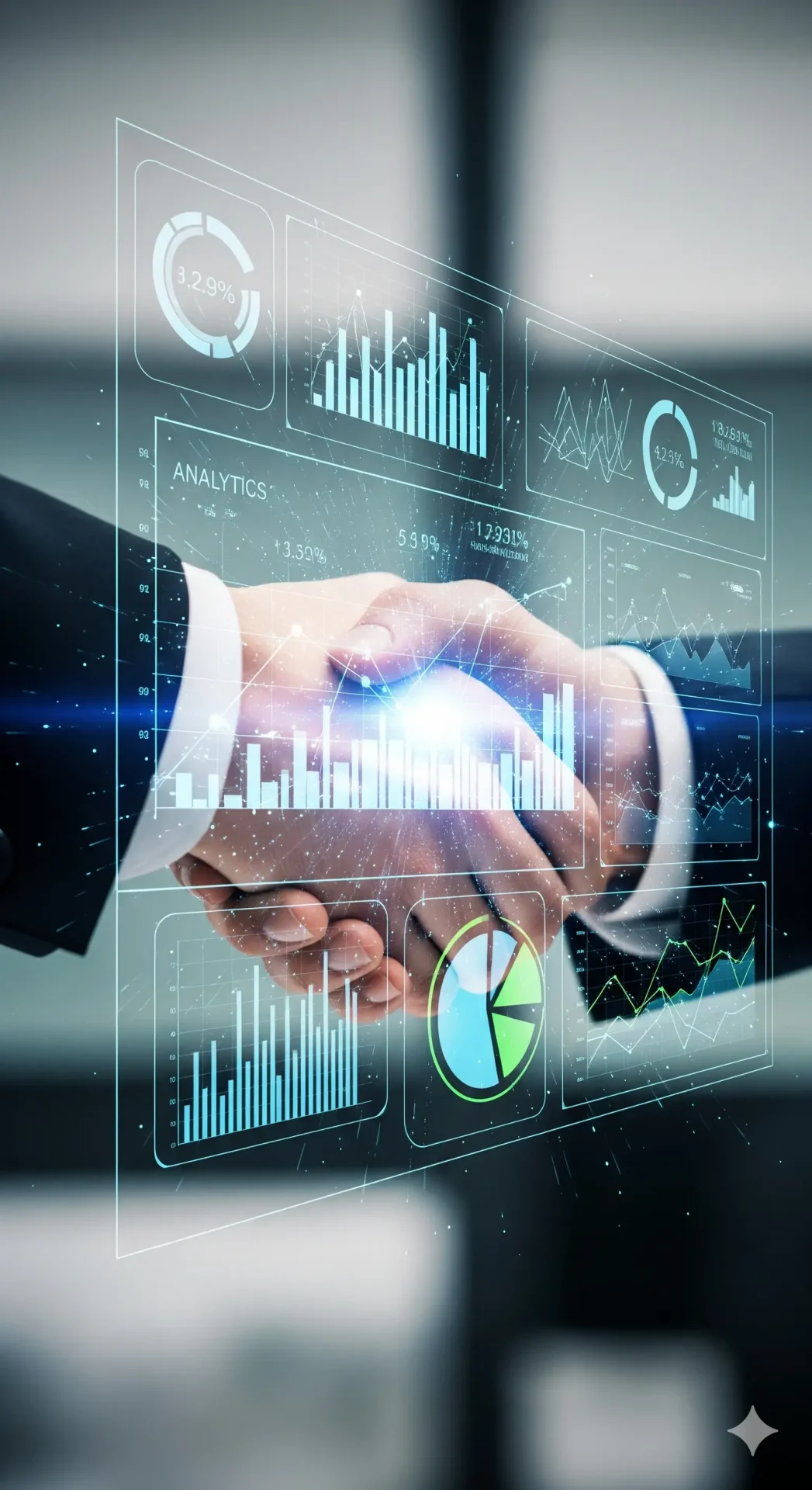 Hands interacting with digital analytics dashboard displaying charts, graphs, and performance metrics