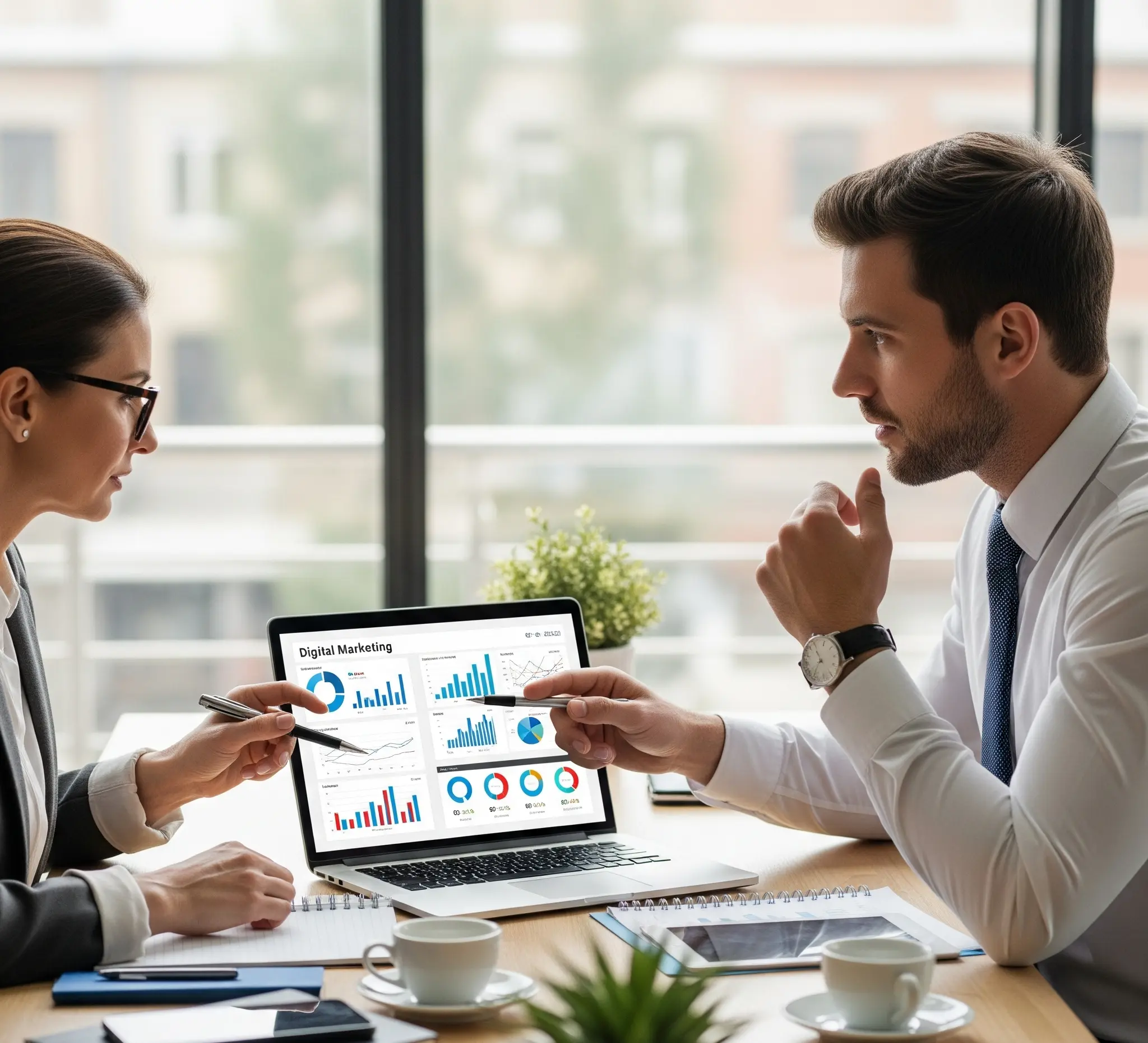 Two professionals reviewing digital marketing analytics and charts on a laptop in an office meeting