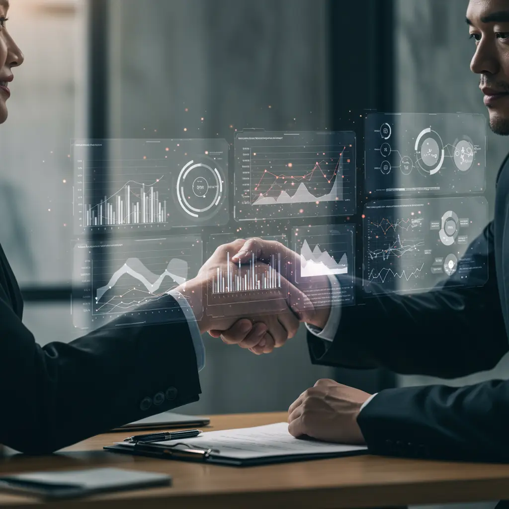 Two business professionals shaking hands with digital marketing analytics and data visualizations displayed between them