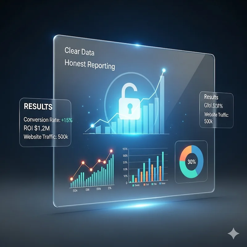 Digital marketing analytics dashboard showing conversion rate, ROI, and website traffic metrics with secure data