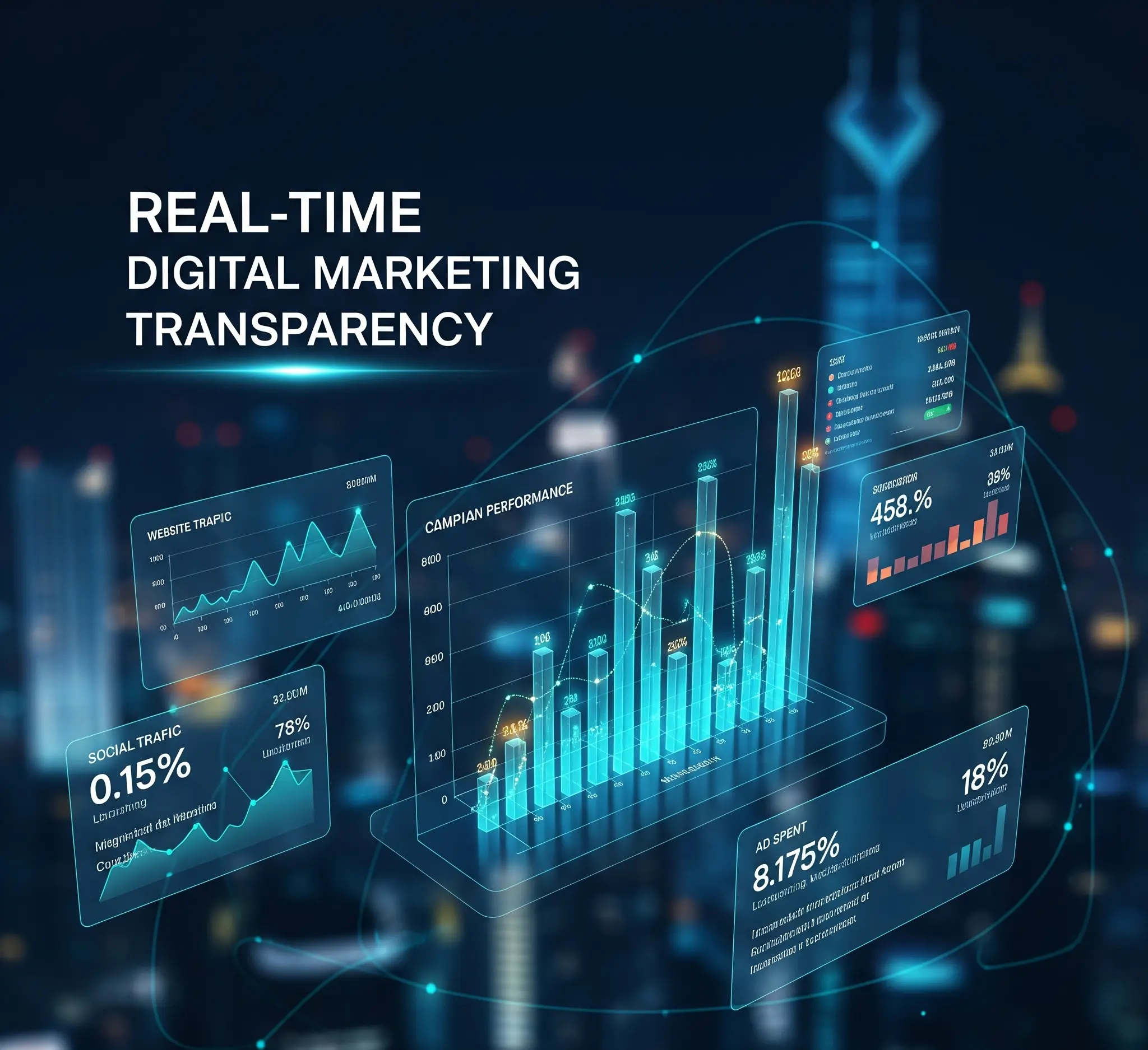 Real-time digital marketing dashboard showing website traffic, social traffic, campaign performance, and ad spend metrics